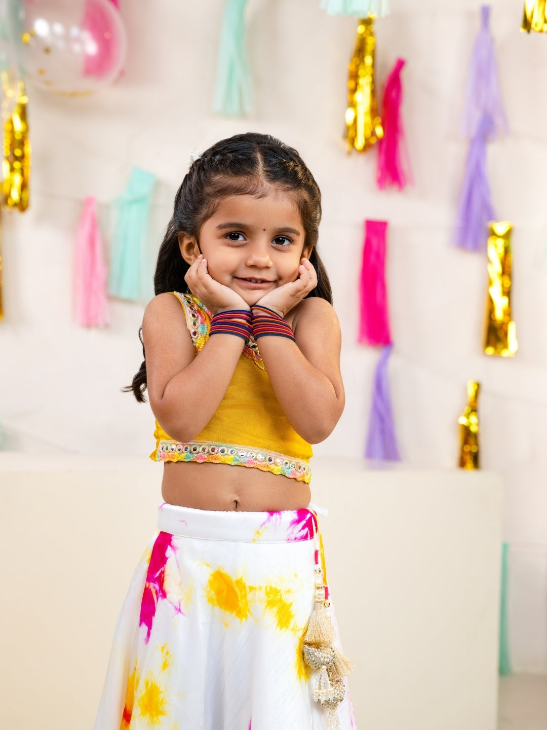 Girls Yellow One Shoulder Blouse with Tie-Dye Lehenga Set (Set of 2)