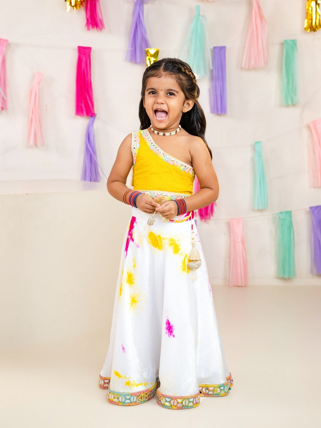 Girls Yellow One Shoulder Blouse with Tie-Dye Lehenga Set (Set of 2)