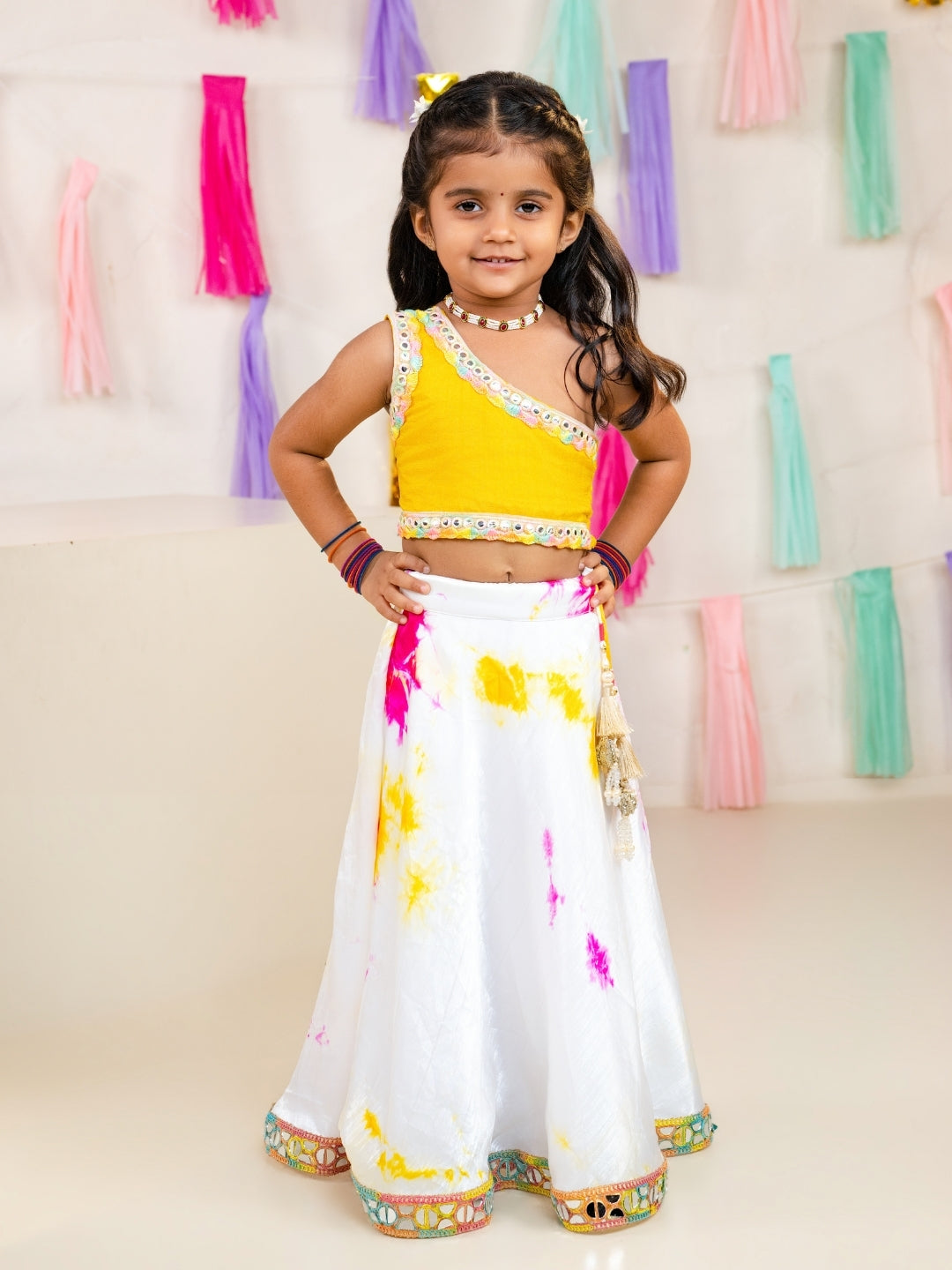 Girls Yellow One Shoulder Blouse with Tie-Dye Lehenga Set (Set of 2)