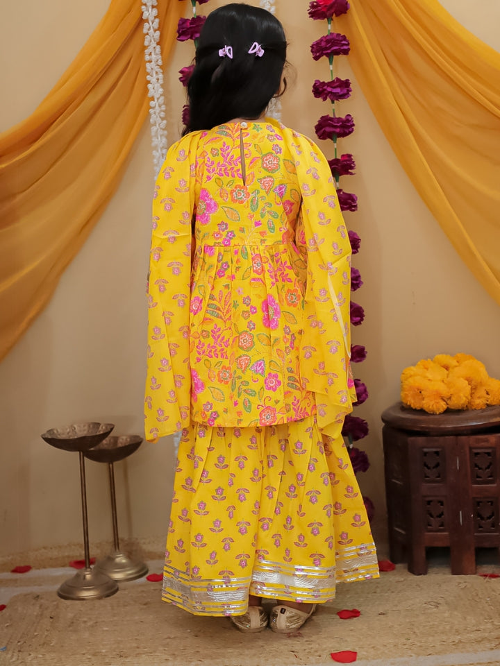 Girls Yellow Printed Cotton Anarkali Sharara Set with Dupatta