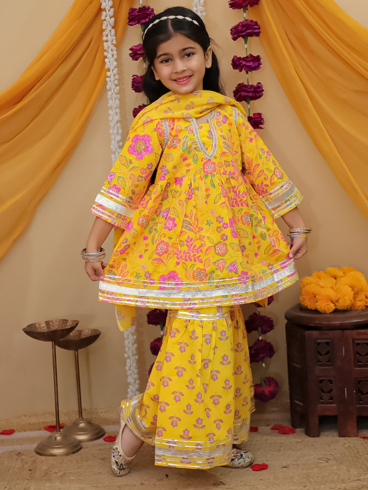 Girls Yellow Printed Cotton Anarkali Sharara Set with Dupatta