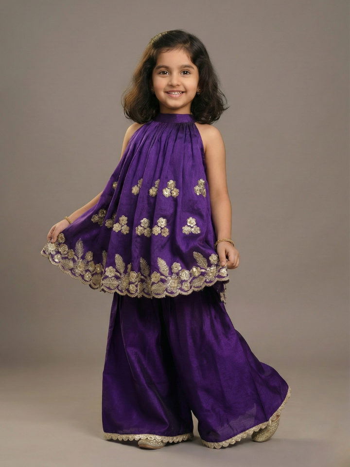 Girls Embroidered Purple Flared Top and Palazzo (Set of 2)