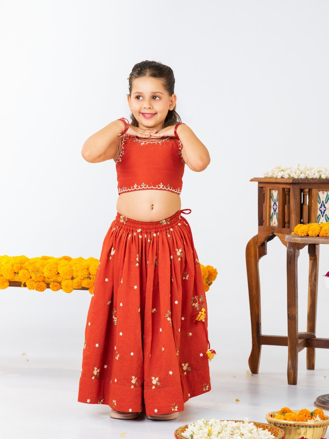 Boys Rust Orange Kurta Pant & Girls Lehenga Matching Sibling Outfit