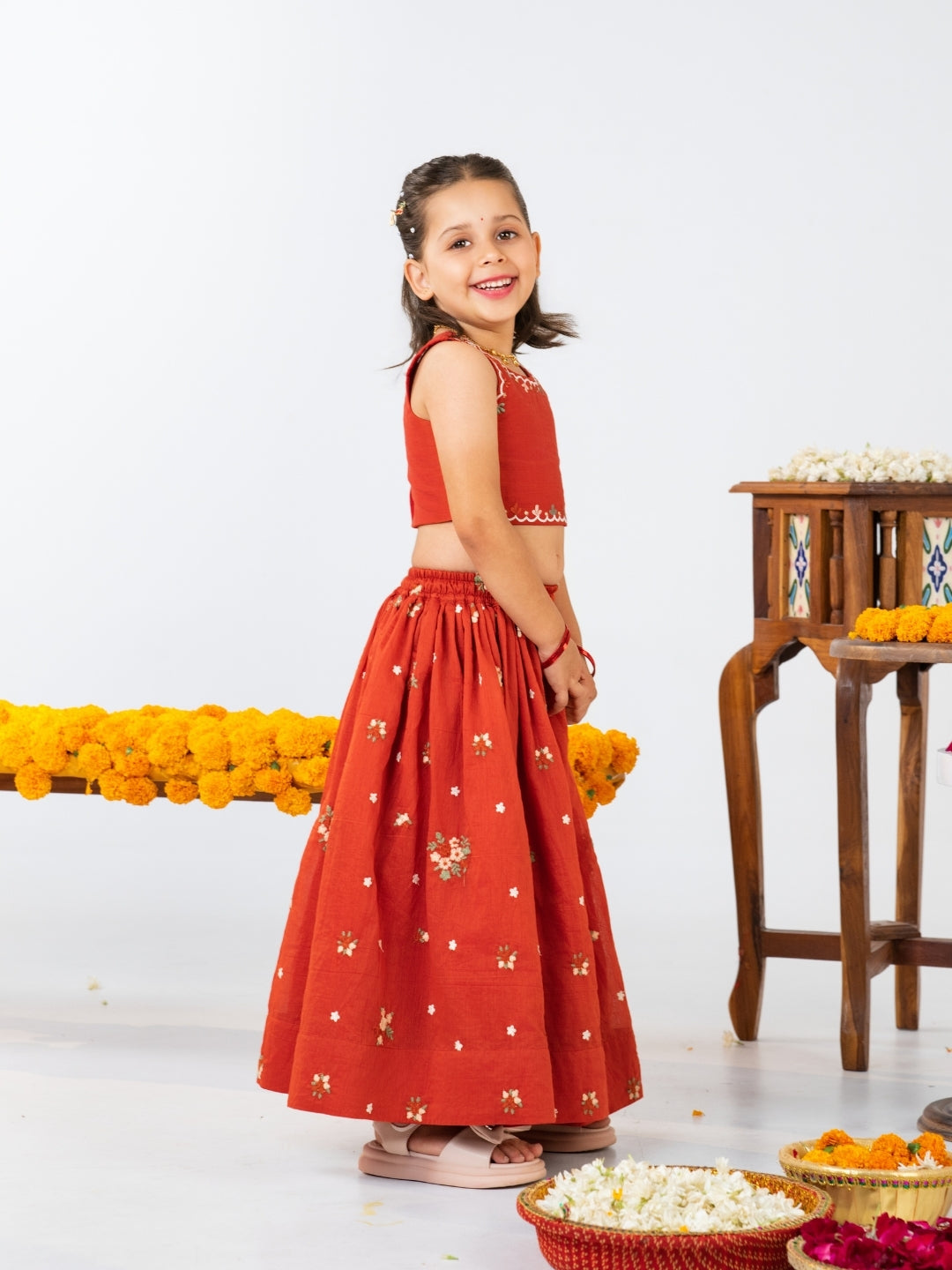 Boys Rust Orange Kurta Pant & Girls Lehenga Matching Sibling Outfit