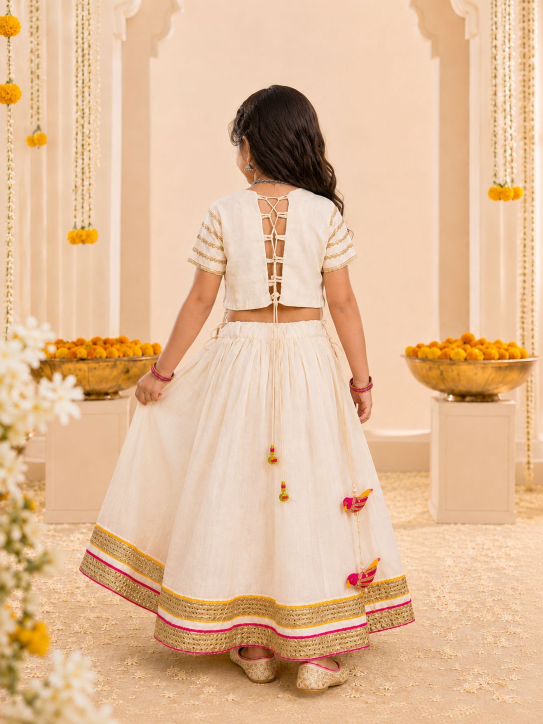 Girls Off-White Shreenathji Embroidered Top & Lehenga Set (Set of 2)