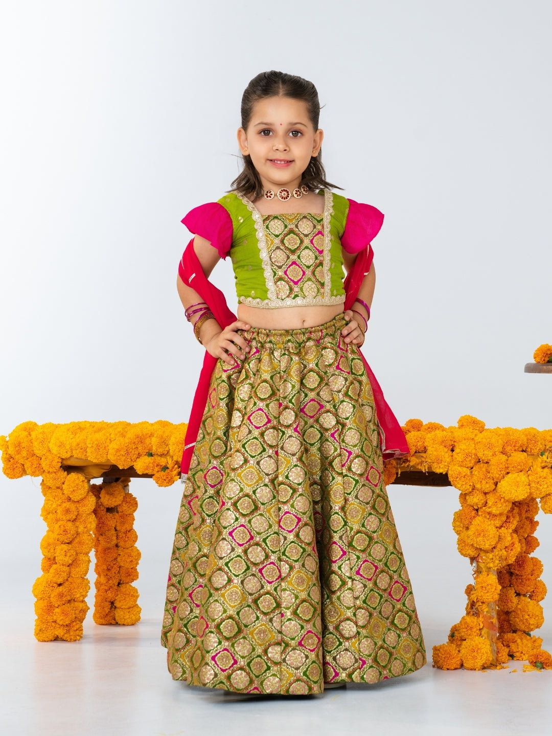 Boys Green Kurta & Girls Brocade Lehenga Sibling Set