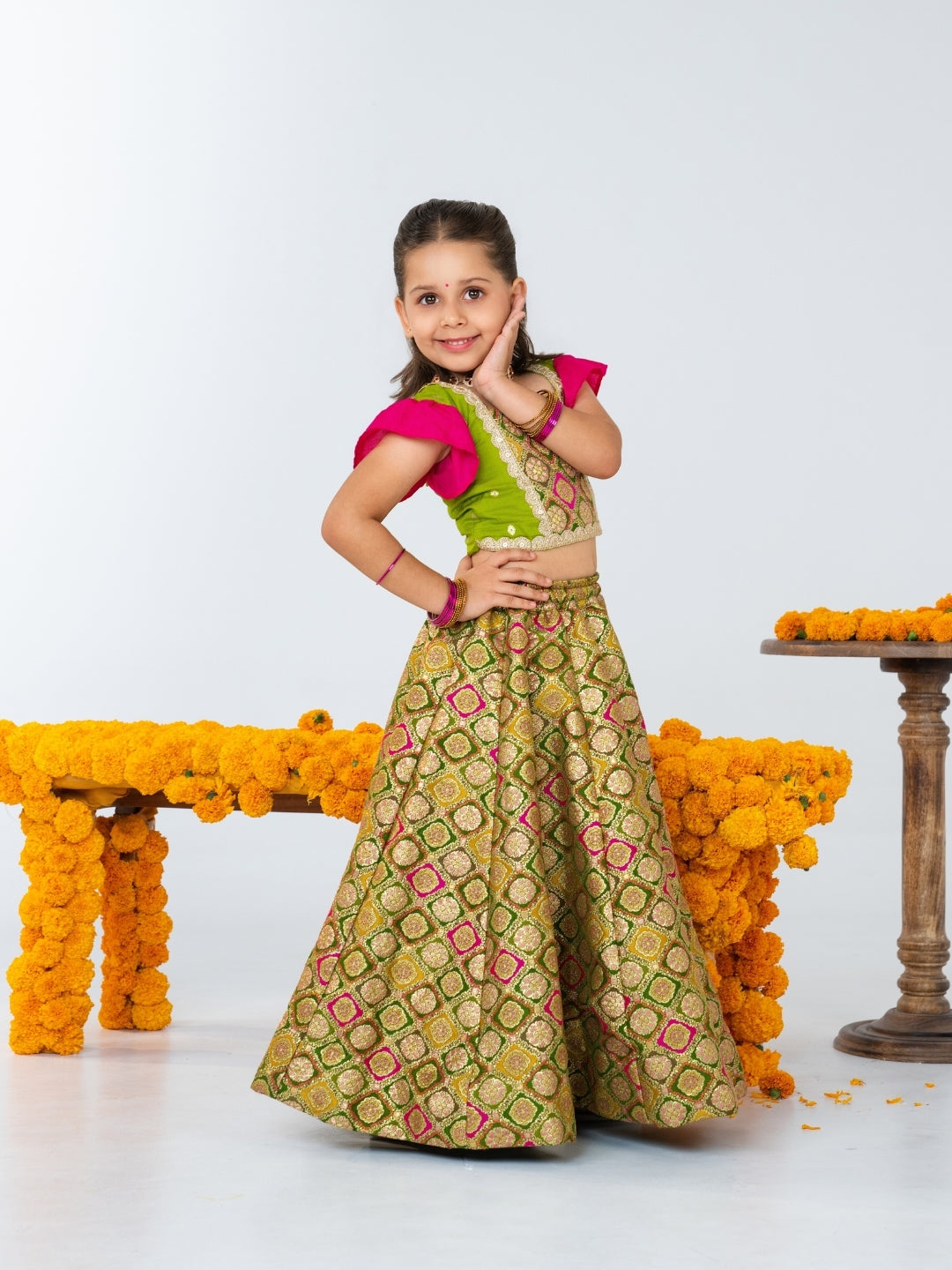 Boys Green Kurta & Girls Brocade Lehenga Sibling Set