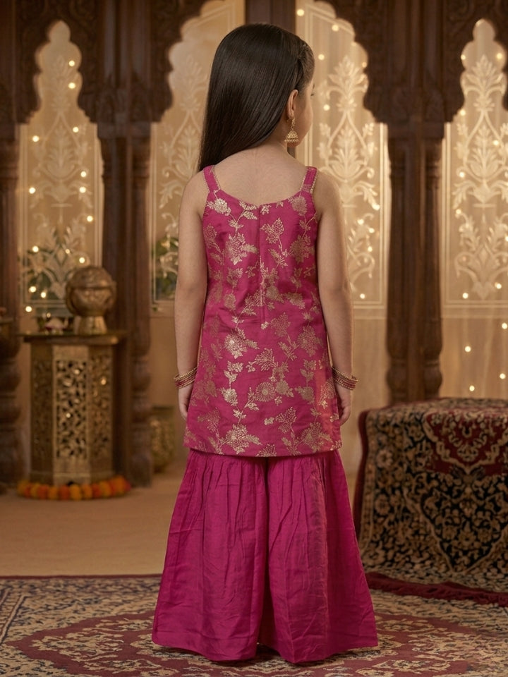 Girls Pink Embroidered Silk Top with Palazzo (Set of 2)