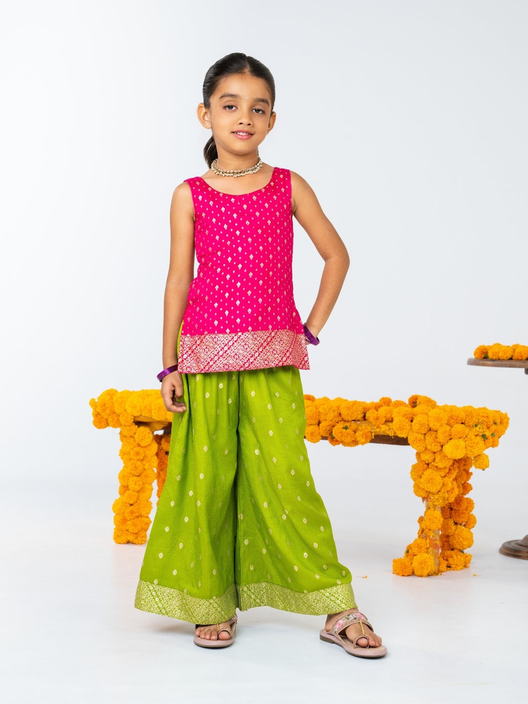 Kids Light Green Matching Kurta & Kurti Palazzo Set