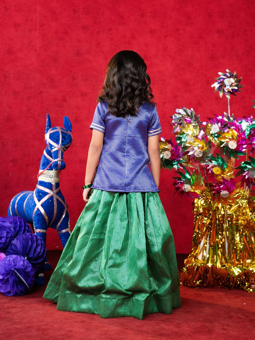 Girls Royal Blue Top with Green Lehenga Set (Set of 2)