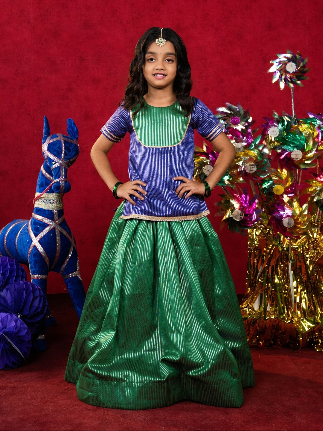 Girls Royal Blue Top with Green Lehenga Set (Set of 2)
