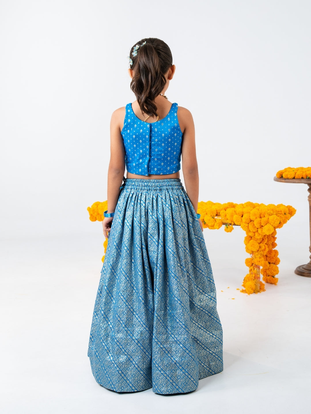 Boy's Blue Kurta Set with Girls Top with Zari Lehenga Set