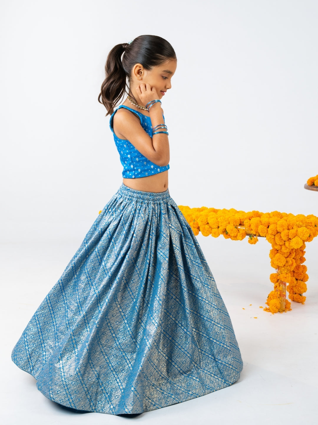 Boy's Blue Kurta Set with Girls Top with Zari Lehenga Set