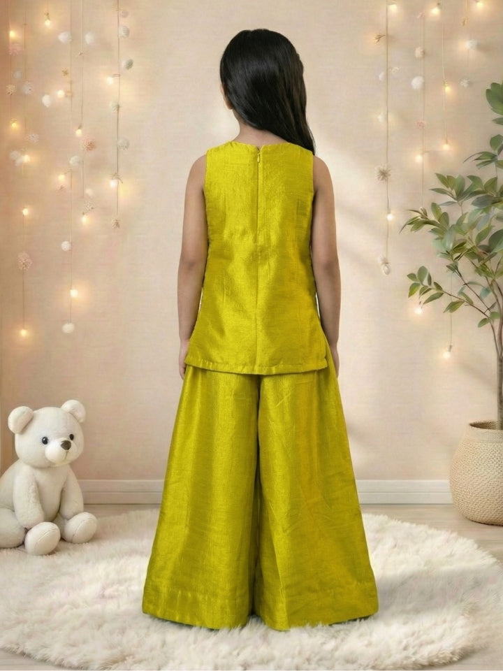 Girls Green Embroidered Silk Top with Palazzo (Set of 2)