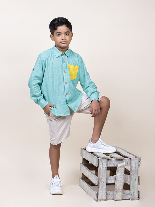 Boys Blue Colorblocked rolled up Cotton Shirt