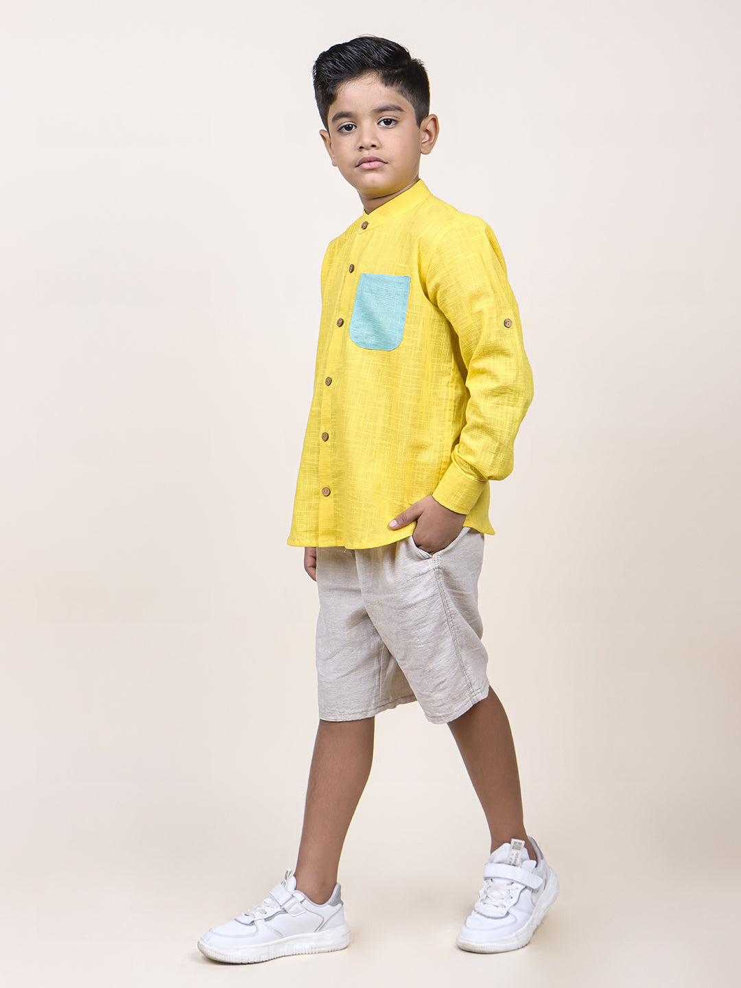 Boys Yellow Colorblocked Rolled up Cotton Shirt