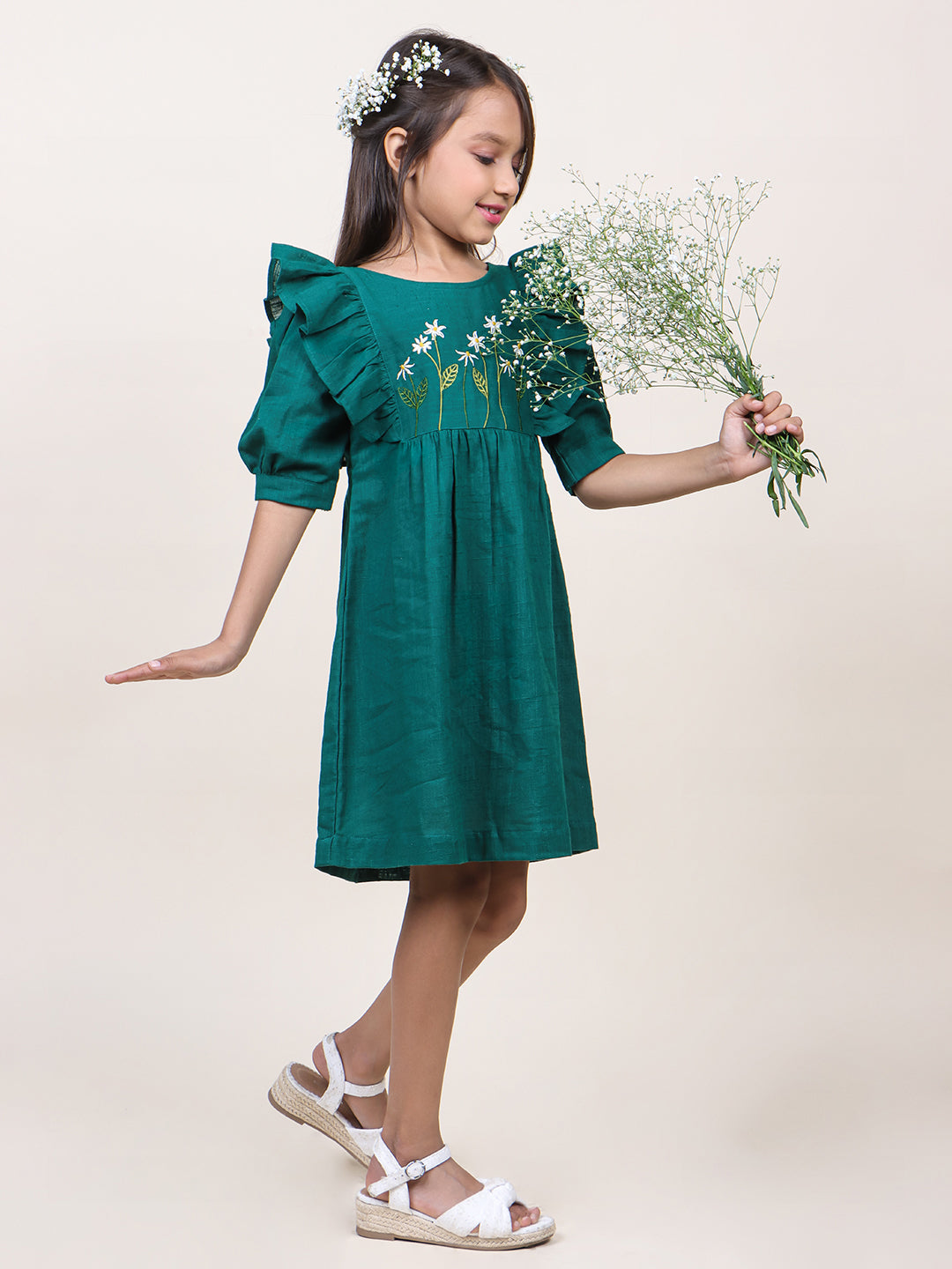 Girls Green Embroidred Cotton dress