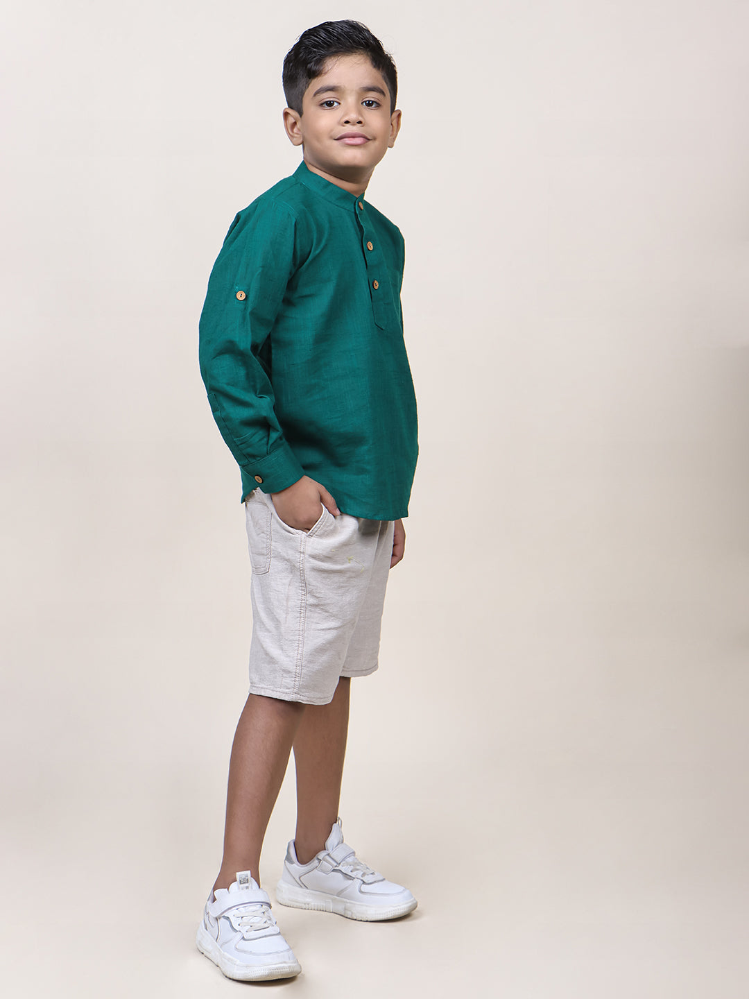 Boys Green Rolled Up Cotton Shirt