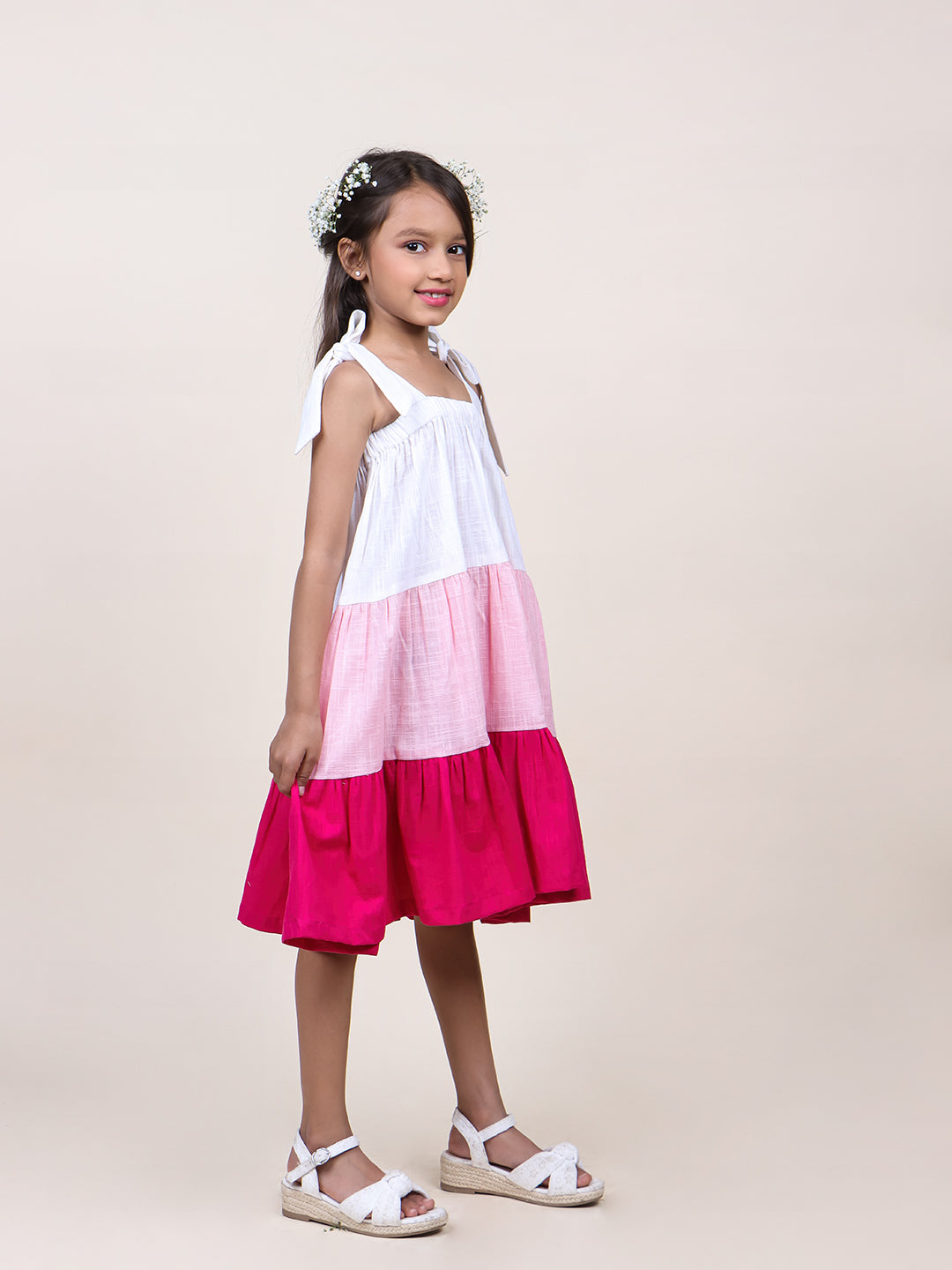 Girls Pink Colorblocked Layered Cotton Dress