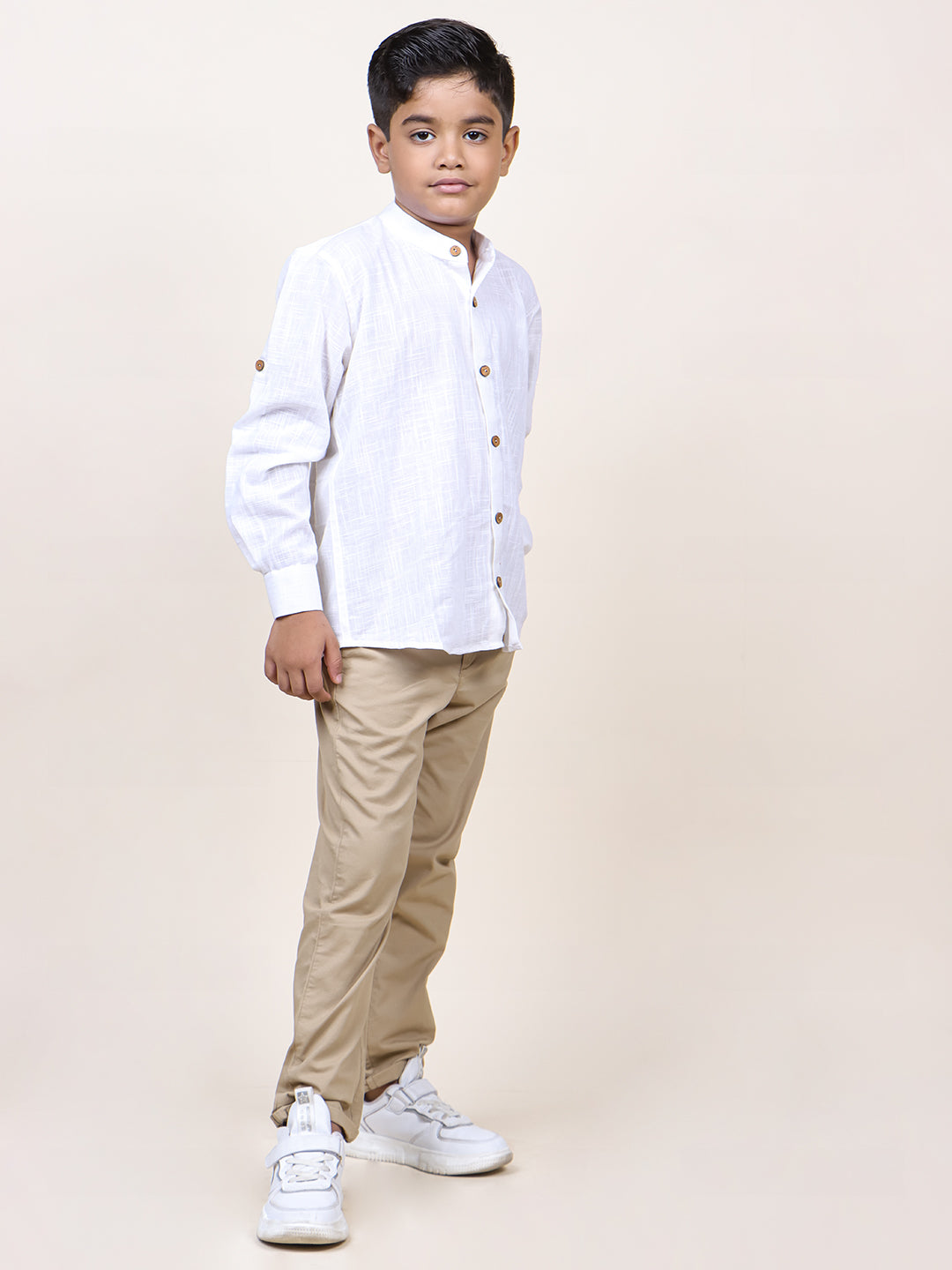 Boys White Rolled Up Cotton Shirt