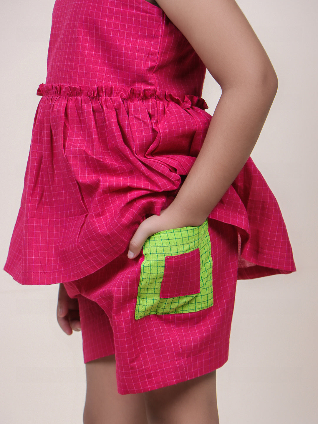 Girls Pink Checks Cotton Top & Shorts