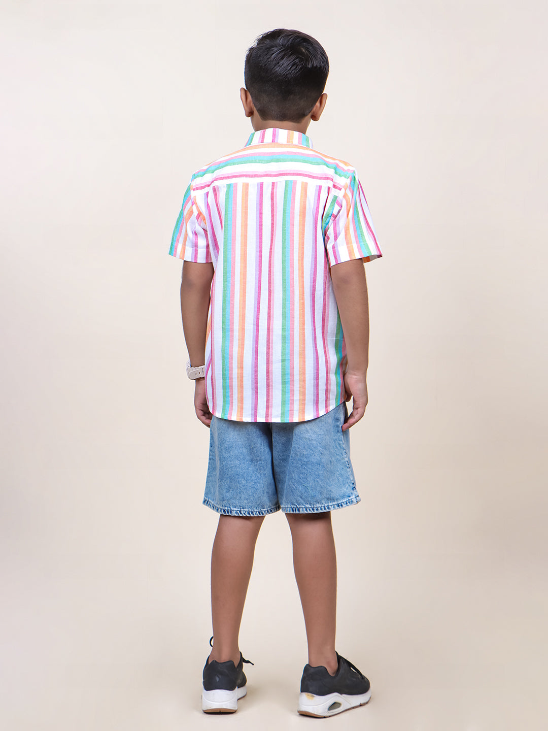 Boys Pink Stripes Half Sleeve Cotton Shirt