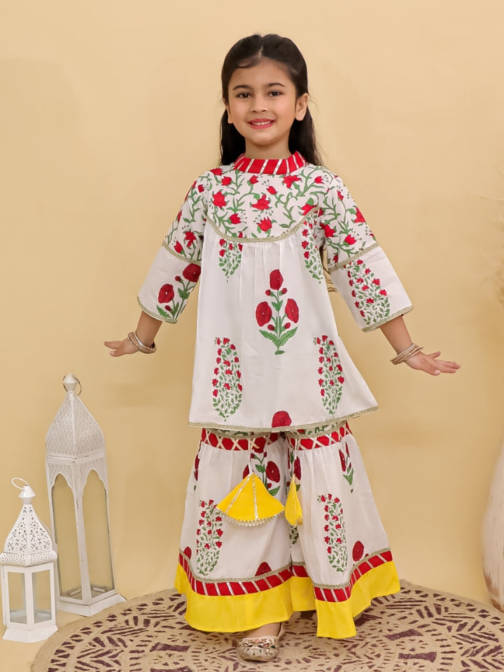 Girls Floral Red Kurta with Yellow Palazzo (Set of 2)