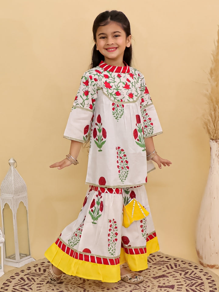 Girls Floral Red Kurta with Yellow Palazzo (Set of 2)