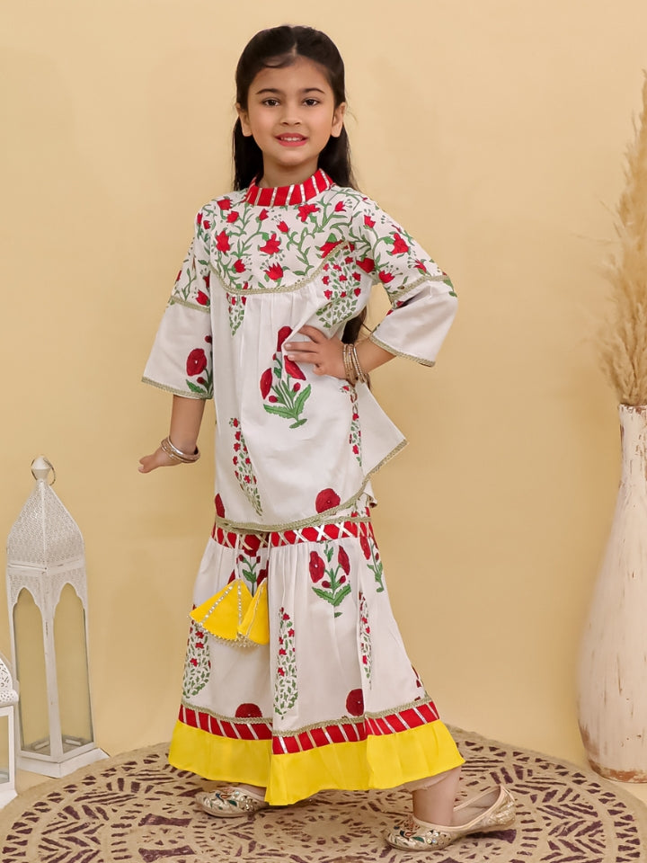 Girls Floral Red Kurta with Yellow Palazzo (Set of 2)
