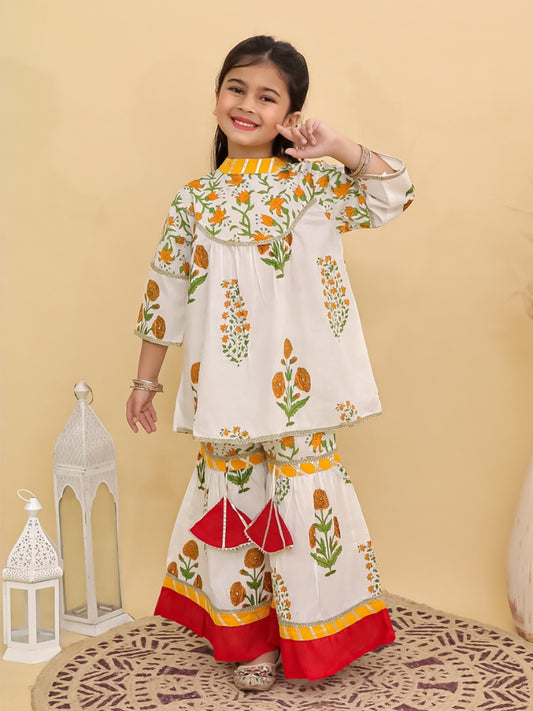 Girls Floral Orange Kurta with Red Palazzo (Set of 2)