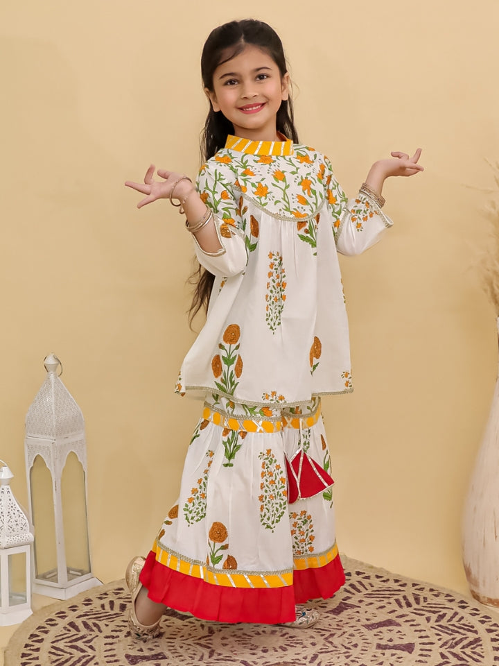 Girls Floral Orange Kurta with Red Palazzo (Set of 2)