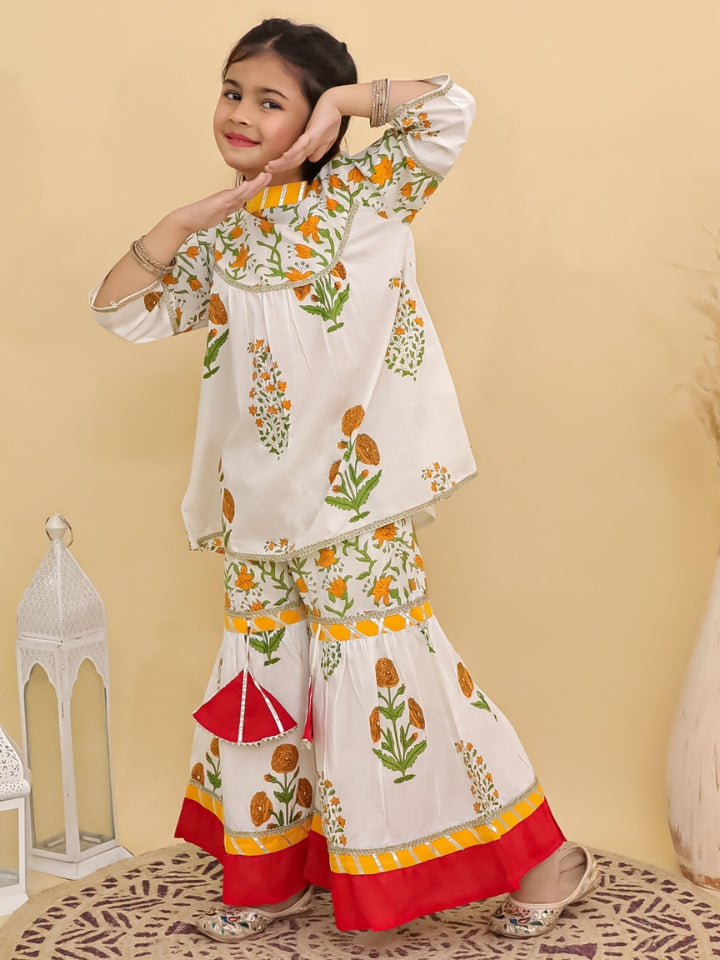 Girls Floral Orange Kurta with Red Palazzo (Set of 2)