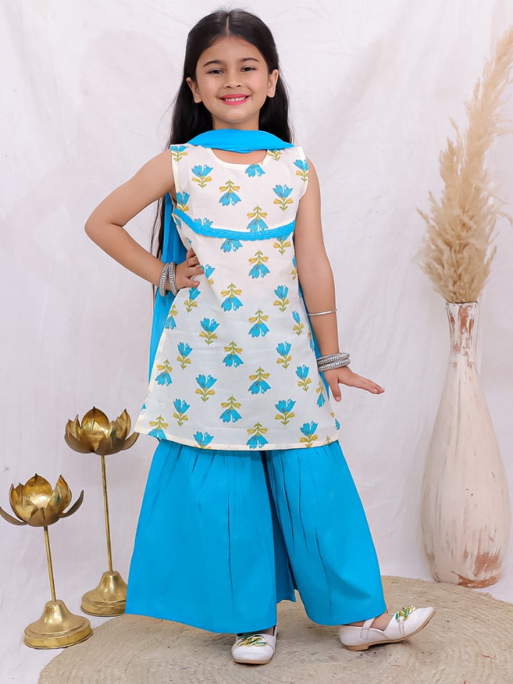 Girls Blue Sleeveless Kurta with Palazzo and Dupatta (Set of 3)
