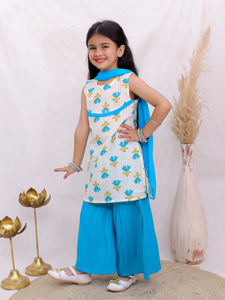 Girls Blue Sleeveless Kurta with Palazzo and Dupatta (Set of 3)