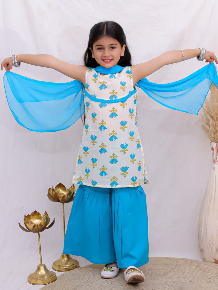 Girls Blue Sleeveless Kurta with Palazzo and Dupatta (Set of 3)