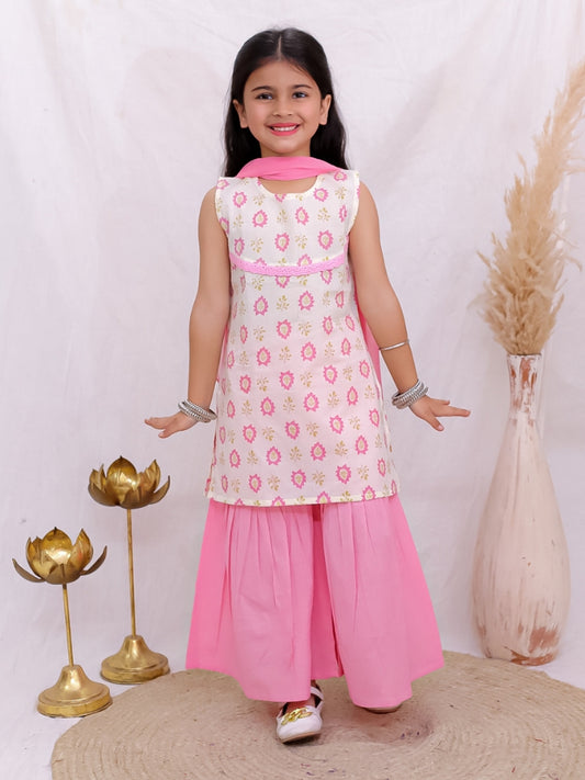 Girls Pink Sleeveless Kurta with Palazzo and Dupatta (Set of 3)