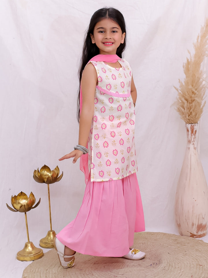 Girls Pink Sleeveless Kurta with Palazzo and Dupatta (Set of 3)