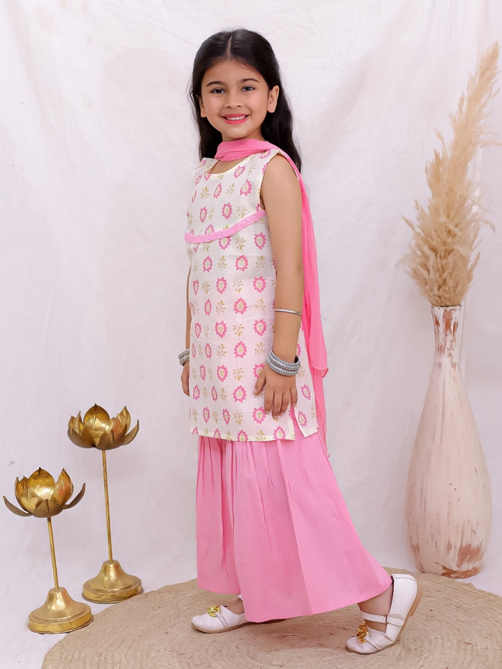 Girls Pink Sleeveless Kurta with Palazzo and Dupatta (Set of 3)