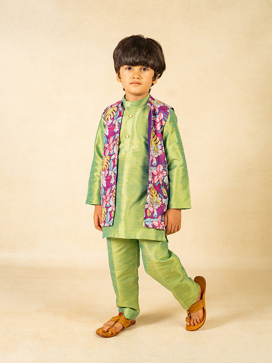 Boys Green Kurta and Pant with Purple Roman Digital Print Jacket (Set of 3)