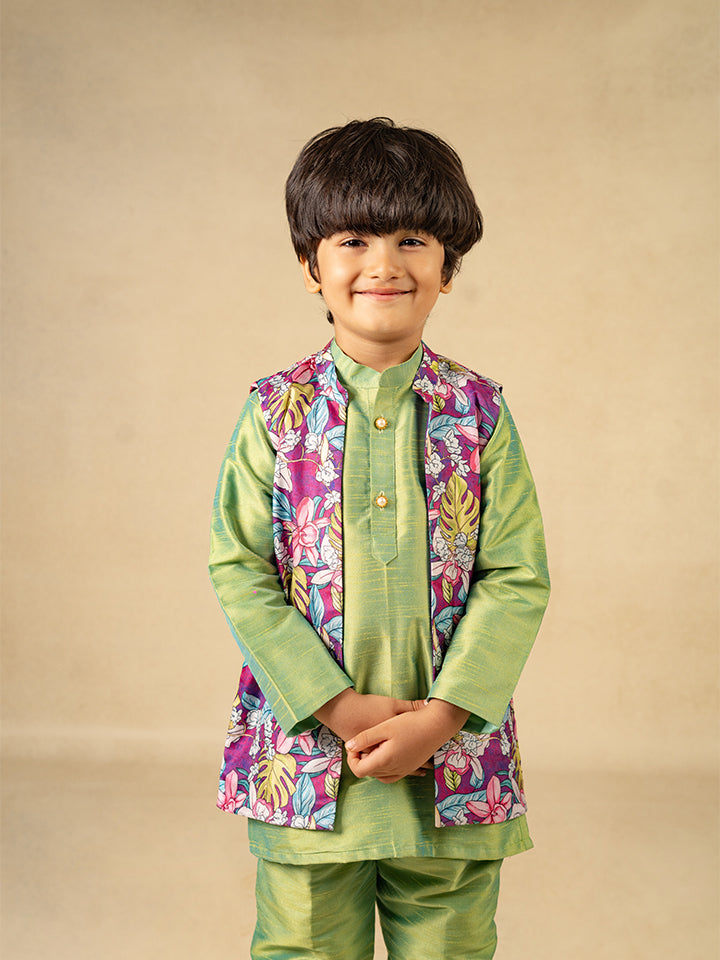 Boys Green Kurta and Pant with Purple Roman Digital Print Jacket (Set of 3)
