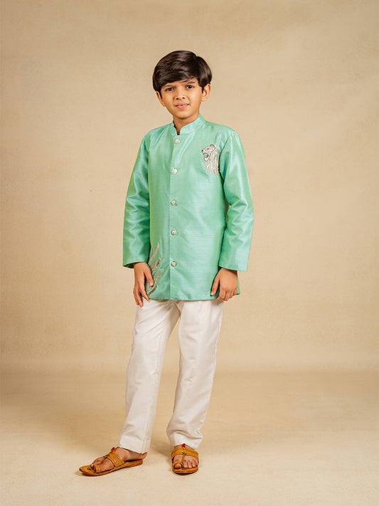 Boys Hand Embroidered Turquois Blue  Kurta and Pant (Set of 2)