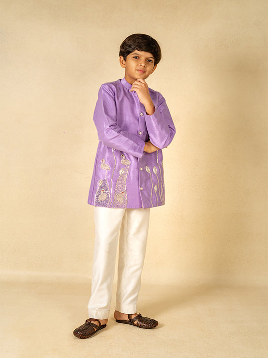 Boys Hand Embroidered Purple Kurta and Pant (Set of 2)