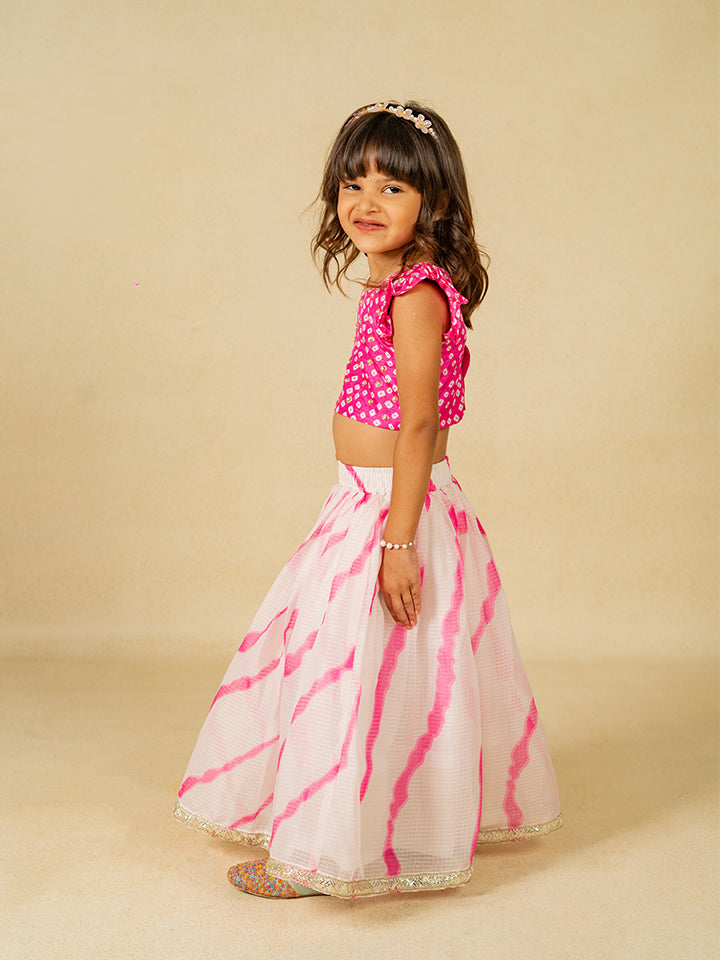 Girls Pink Hand Embroidered Top and Moonga Digital printed Lehenga with Dupatta (Set of 2)