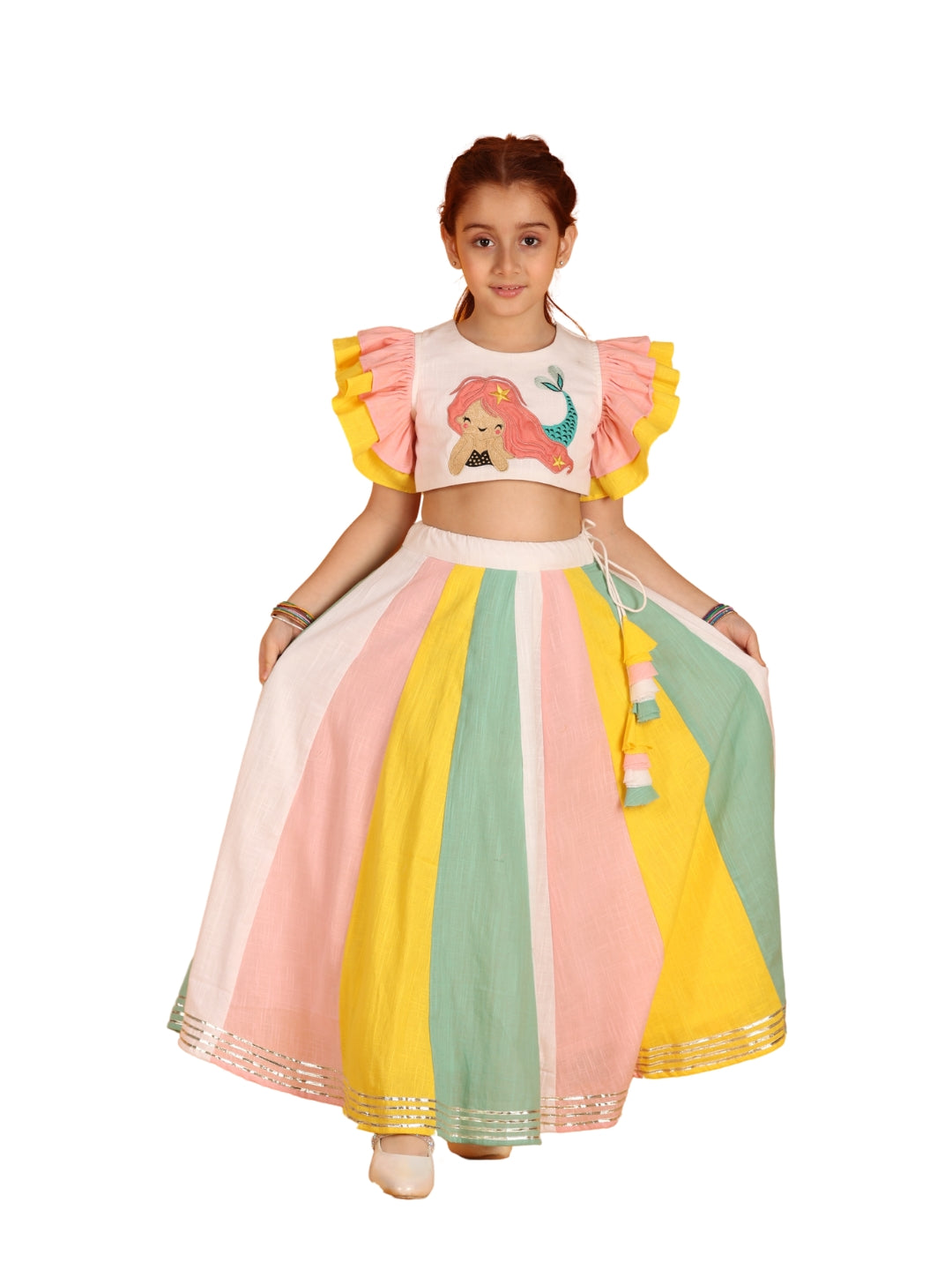 Jilmil Girls Mermaid Handembroidered Top with Multicolor cotton lehenga set (set of 2)