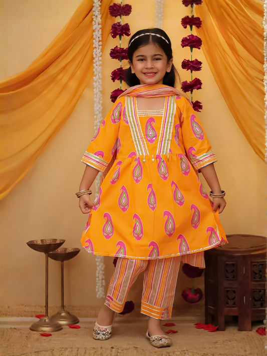 Girls Orange Hand Embroidered Cotton Kurti with Pant and Dupatta