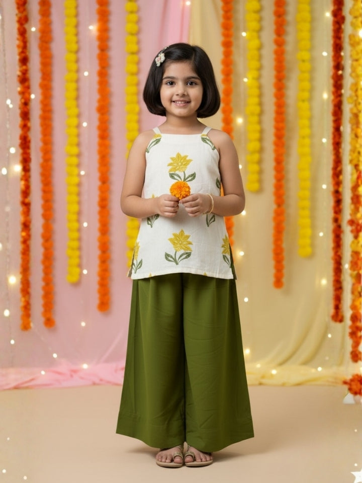 Girls White Top and Green Palazzo (Set of 2)