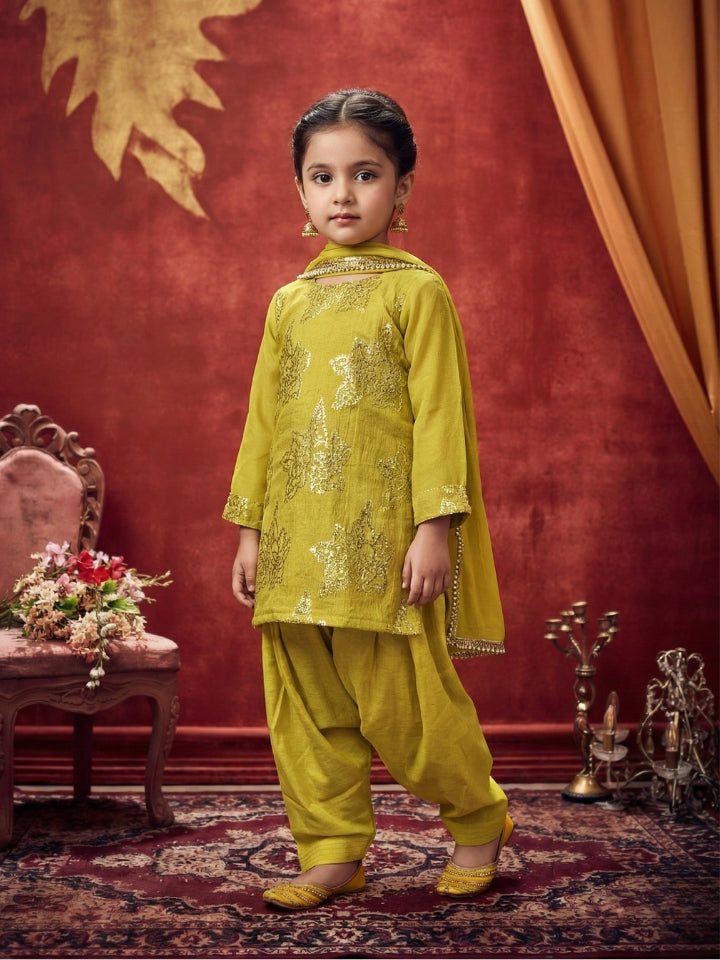Girls Lemon Yellow Cotton Salwar Kurti with Dupatta (Set of 3)