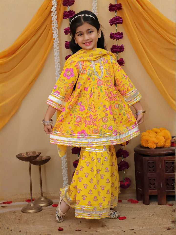 Girls Yellow Printed Cotton Anarkali Sharara Set with Dupatta