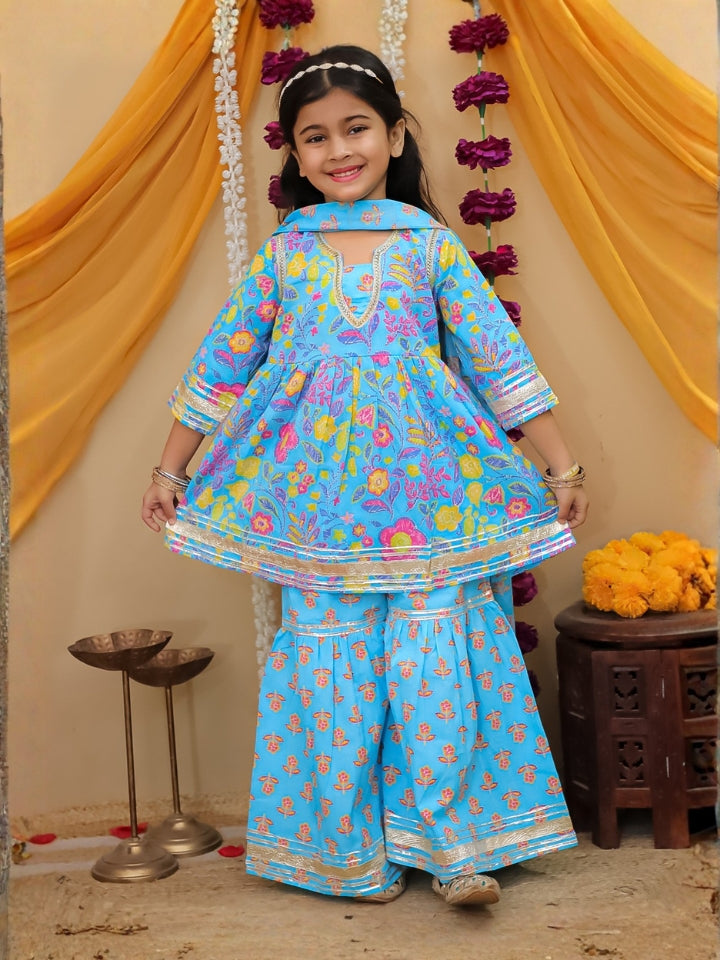 Girls Blue Printed Cotton Anarkali Sharara Set with Dupatta