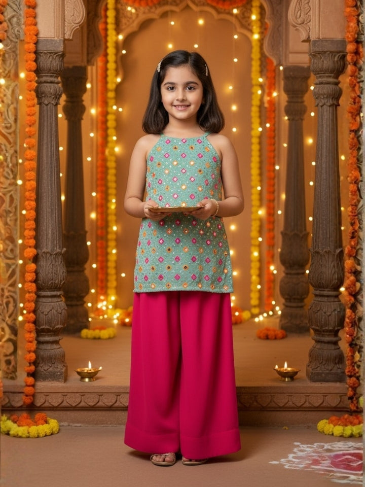 Girls Green Top and Pink Palazzo (Set of 2)